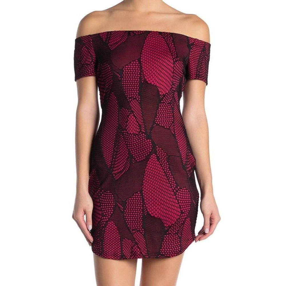 Bailey Blue pink black fuchsia flocked off shoulder bodycon dress medium MSRP 80